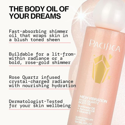 Pacifica Rose Quartz Body Oil – High Vibration Hydrating Body Oil with Natural Plant Oils & Rose Quartz Crystals, Moisturizing & Nourishing, Vegan & Cruelty-Free, Clean Beauty, Floral Scent, 4 oz
