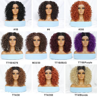 Felek 16inch Curly Middle Part Lace Front Wigs Copper Brown Jerry Curl Wig T Lace Front Curly Glueless Synthetic Pre-Plucked Deep Curly Wigs For Black Women (M33/30)