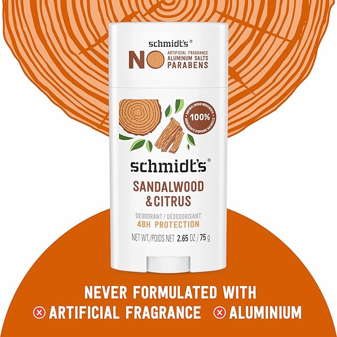 Schmidt's Aluminum-Free Vegan Deodorant Sandalwood & Citrus 4 Count for Women and Men, with 24 Hour Odor Protection, Natural Ingredients, Cruelty-Free, 2.65 oz