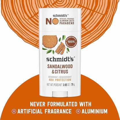 Schmidt's Aluminum-Free Vegan Deodorant Sandalwood & Citrus 4 Count for Women and Men, with 24 Hour Odor Protection, Natural Ingredients, Cruelty-Free, 2.65 oz