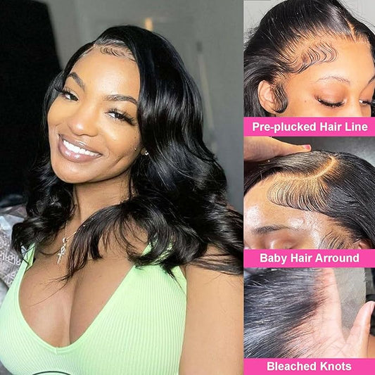 Bob Human Hair Wig 200% Density 13x6 HD Transparent Lace Front Wigs Human Hair Pre Plucked Body Wave Wig for Black Women 18 Inch