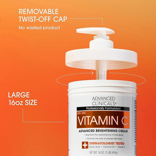 Advanced Clinicals Brightening Vitamin C Body Cream + Potent Vitamin C Face Moisturizer Gel Cream 2pc Skincare Set For Women & Men To Diminish Appearance Of Dark Spots, Wrinkles, & Dry Skin, 2pc Set