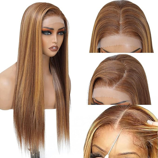 Honey Blonde Wig Glueless Wig 7x5 Synthetic Wig Highlight HD Lace Front Wig for Women Pre-Plucked Ready to Wear Wigs 26inch