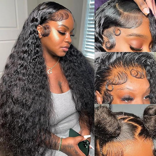 30inch Deep Wave Lace Front Wigs Human Hair 180% Density 13x6 HD Transparent Deep Curly Human Hair Wig Pre Plucked Brazilian Virgin Hair with Baby Hair Wet and Wavy for Women Natural Black