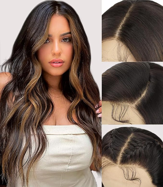 13x4 Lace Front Wig Dark Brown Highlight Ombre Blonde Pre Plucked Hairline with Baby Hairs Glueless Long Wavy Synthetic Wig Heat Resistant for Daily Wear and Parties 26 inch