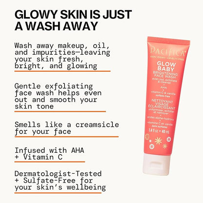Pacifica Beauty | Glow Baby Vitamin C Trial + Value Kit | 3-Piece Skin Care Gift Set | Travel Friendly | Brightening Face Serum, Face Wash/Cleanser, Under Eye Patches | Glycolic Acid, AHA | Vegan