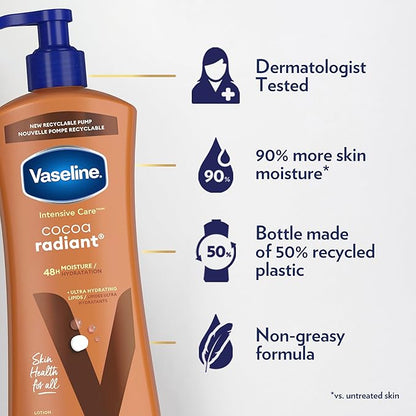Vaseline Intensive Care Body Lotion Cocoa Radiant 3 count for Dry Skin Lotion Made with Ultra-Hydrating Lipids and Pure Cocoa Butter for a Long-Lasting, Radiant Glow 20.3 Oz