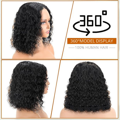 Glueless Bob Wigs Human Hair Pre Plucked Pre Cut Short Curly Human Hair Wigs for Black Women 5x5 HD Lace Closure Water Wave Wear and Go Glueless Wigs 180% Density 12 Inch