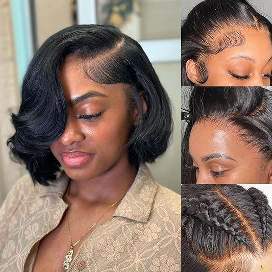 Bob Wig Lace Front Wigs Pre Plucked with Baby Hair 200% Density Short Bob Wigs for Women Body Wave Bob Frontal Wigs Natural Black 10inch