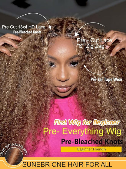Sunber Curly Human Hair Lace Front Wig Put On and Go Bye Bye Knots Highlight Honey Blonde Curly 13x4 Lace Front Pre Cut Lace With Baby Hair 180% Density No Glue 3S Wear and Go 18Inch Beginner Friendly