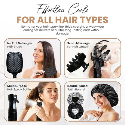 Curly Hair Essentials Set - Mist Spray Bottle For Styling, Detangler Brush, Scalp Massager For Hair Growth, Silicone Scrubber, Turban Towel For Women, Microfiber Wrap, Satin Sleeping Bonnet
