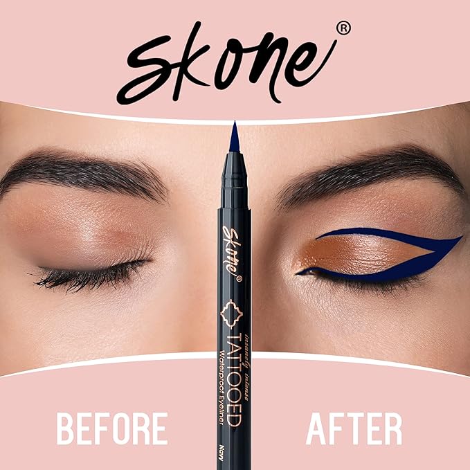 Skone Cosmetics Insanely Intense Tattooed Eyeliner Pen - Waterproof Liquid Eyeliner, Long Lasting, Sweat Proof, Smudge Proof Felt Tip Liquid Eyeliner - Pigmented Eye Liner Makeup - Navy (0.07oz)