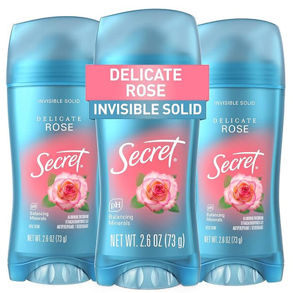 Secret Fresh Antiperspirant Deodorant for Women, 72hr Breathable Sweat & Odor Protection, Instant Freshness & Gentle, PH Balancing Minerals, Invisible Solid, Delicate Rose Scent, 2.6 oz (Pack of 3)