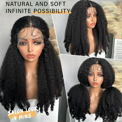 SOKU Afro Curly Lace Front Wig Synthetic T Part HD Transparent Lace Blends Kinky Straight Curly Ends Voluminous Bouncy Hair 20 Inch Natural Black Heat Friendly Black Women Must Have