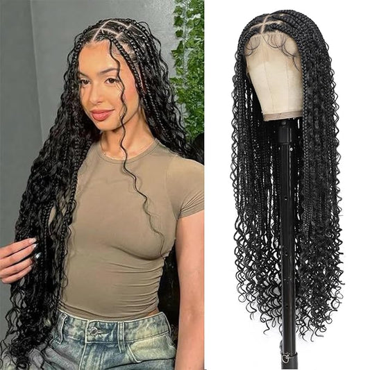13x8 HD Lace Front Knotless Box Boho Braided Wigs With Baby Hair Black Human Hair Blended Lace Frontal Bohemian Braid Wigs for Women 36 Inch