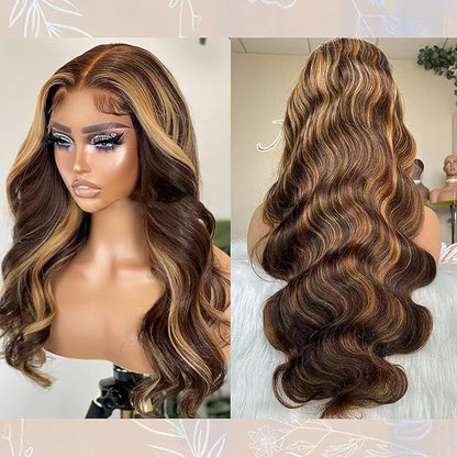 Honey Blonde Lace Front Wig Human Hair 5x5 HD Lace Closure Wigs Human Hair Pre Plucked with Baby Hair 180% Highlight Glueless Lace Front Wigs Human Hair Body Wave Closure Wig(20 Inch)