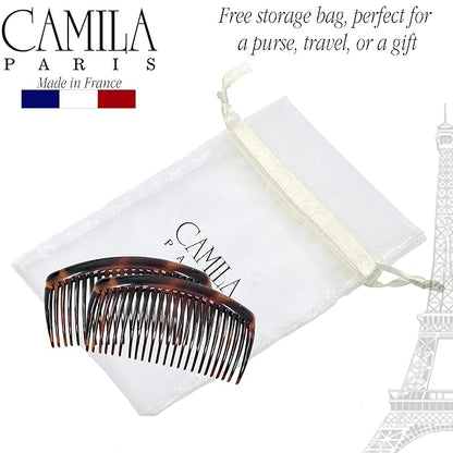 Camila Paris French Side Combs Large 2 Colors Each Curved French Twist Hair Combs Decorative, Strong Hold Hair Clips for Women Bun Chignon Up-Do, No Slip Styling Girls Hair Accessories, Made in France