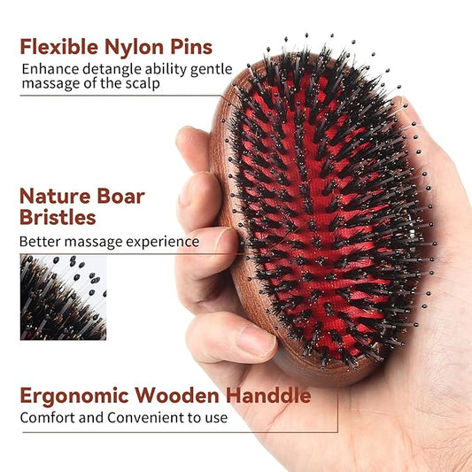 Mini Hair Brush, Boar Bristle Brush for Women Men Kids, Portable Travel Size Boar Bristle HairBrush for Thin Fine Wet/Dry Hair Smoothing Massaging Detangling