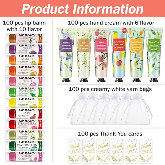 AZEN 100 Sets Hand Cream and Lip Balm Set with Organza Bag Thank You Card, Baby Shower Wedding Gifts for Guests, Bridal Souvenirs for Colleagues Employee Coworkers, Party Favor for Female Friends