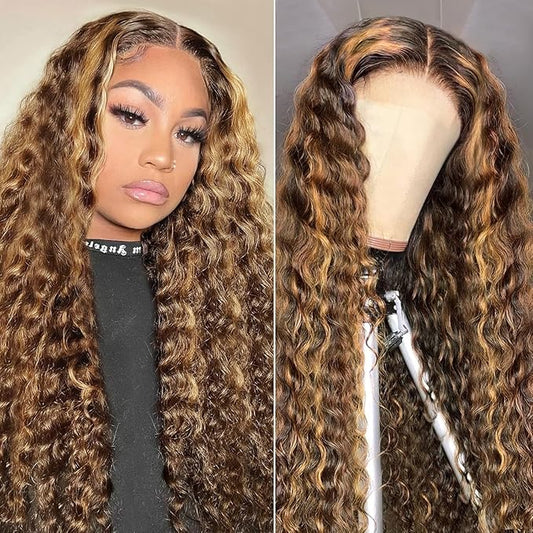 5x5 Highlight Water Wave Closure Wigs Human Hair 180% Density Curly Human Hair Wig Pre Plucked 20inch P4/27 Ombre 5x5 HD Lace Closure Wigs for Women(427curly 20inch)