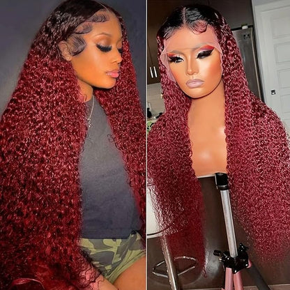 99j Burgundy Curly Lace Front Wigs Human Hair 13x6 OmbreBlack and Burgundy Lace Frontal Wig Pre Plucked Glueless 180% Density Dark Root 1B Burgundy Curly HD Lace Wig for Women 26 Inch