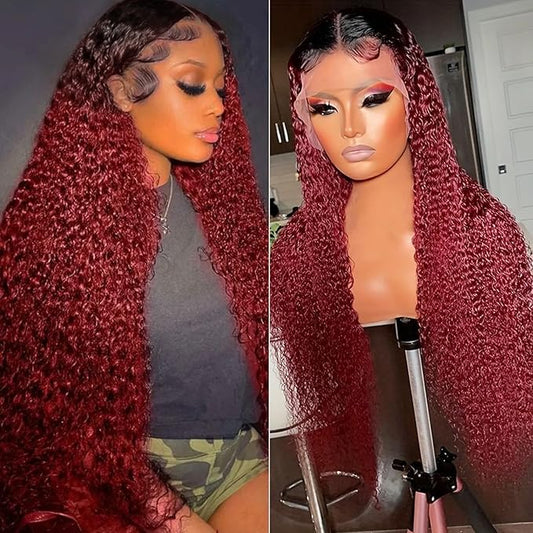 99j Burgundy Curly Lace Front Wigs Human Hair 13x6 OmbreBlack and Burgundy Lace Frontal Wig Pre Plucked Glueless 180% Density Dark Root 1B Burgundy Curly HD Lace Wig for Women 26 Inch