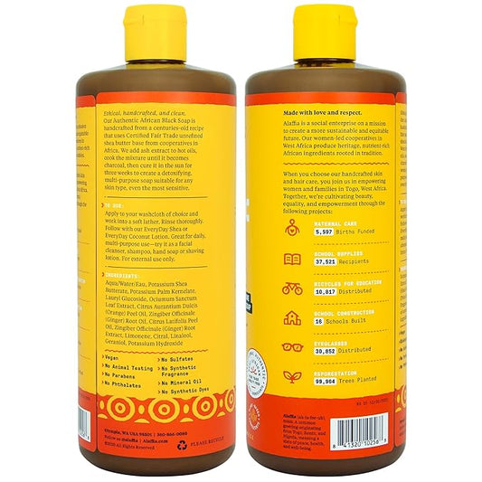 Alaffia Skin Care, Authentic African Black Soap, All in One Liquid Soap, Acne Face Wash, Moisturizing Body Wash, Shampoo, Shaving Soap, Shea Butter, Citrus Ginger, (2 Pack - 32 Fl Oz Ea)
