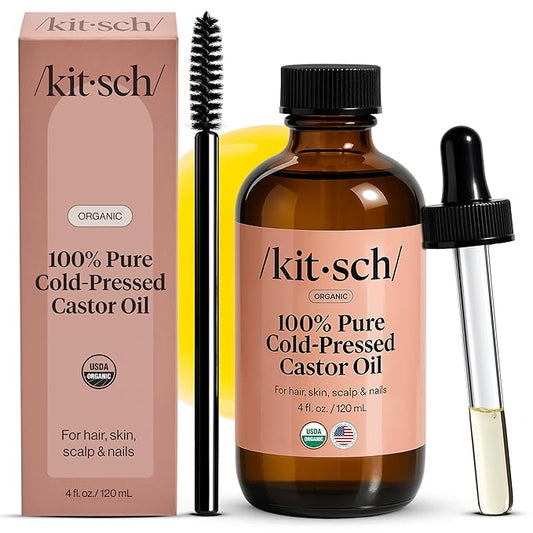 Kitsch Organic Castor Oil For Hair Growth, Castor Oil Organic Cold Pressed Unrefined Glass Bottle, 100% Pure, For Face, Skin, Lashes, Brows, Scalp, Nails & Belly Button, Hexane Free, USDA - 4oz