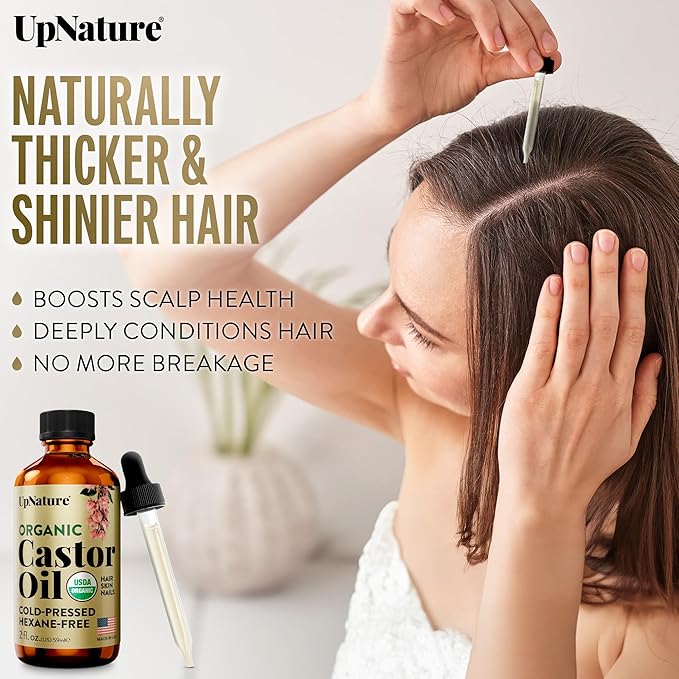 UpNature Organic Castor Oil (2 oz) 100% Pure Cold Pressed Unrefined Castor Oil for Hair Growth Support – Eyebrow Eyelash Growth Serum (Hexane Free) Natural Moisturizer in Glass Bottle
