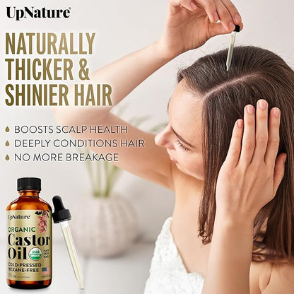 UpNature Organic Castor Oil (2 oz) 100% Pure Cold Pressed Unrefined Castor Oil for Hair Growth Support – Eyebrow Eyelash Growth Serum (Hexane Free) Natural Moisturizer in Glass Bottle