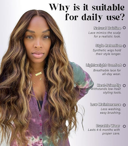 13x4 Synthetic Lace Front Wig Preplucked with Baby Hair Long Wavy Amber Brown with Highlight Wig Glueless 26 Inch Suitable for Festivals and Everyday Use
