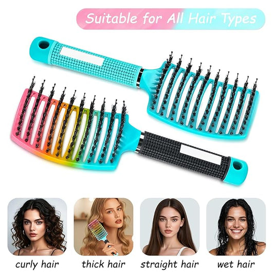 Wet Hair Detangling Brush for Blow Drying，Hair Detangler Brush for Women and Kids ，Boar Bristle Hair Brushes 2 PACK（RAINBOW+LIGHT BLUE)