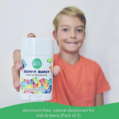 Fresh Monster Natural Deodorant for Kids and Teens I Aluminum-Free, Paraben-Free and Hypoallergenic I Dermatologist Tested I 24-Hour Protection I Gummy Burst I 1.76 oz I 3 Pack