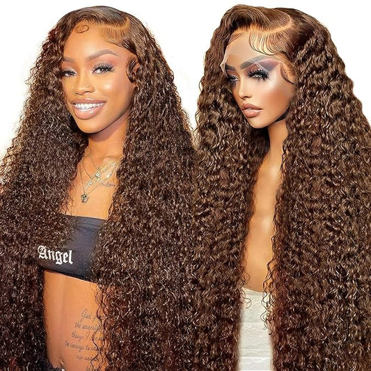 CHEETAHBEAUTY #4 Chocolate Brown Deep Wave 13X6 HD Transparent Lace Front Wigs Brazilian 10A Grade Deep Curly Human Hair Wigs for Black Women Pre Plucked with Baby Hair 250% Density(26inch)