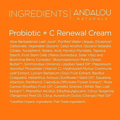 Andalou Naturals Probiotic + C Renewal Cream, Probiotic Plus C, Complexion Enhancing Face Moisturizer, Helps Promote Firmer Skin & More Even Skin Tone, Lightweight Hydrating Facial Moisturizer, 1.7 Oz