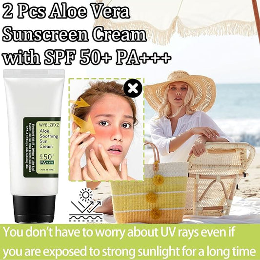 2PCS Aloe Vera Face Body Sunscreen,Moisturizing Facial Sunscreen Lotion,Lightweight Refreshing Face Sun Screen for All Skin Types,Non-Greasy Sunblock Aloe Sun Cream SPF 50 PA+++ for Face