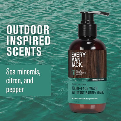 Every Man Jack Beard + Face Wash - Subtle Sea Salt Fragrance - Deep Cleans, Conditions, and Softens Your Beard and Skin Underneath - Naturally Derived with Coconut Oil, Glycerin, and Coconut - 6.7-fl oz (2 Pack)