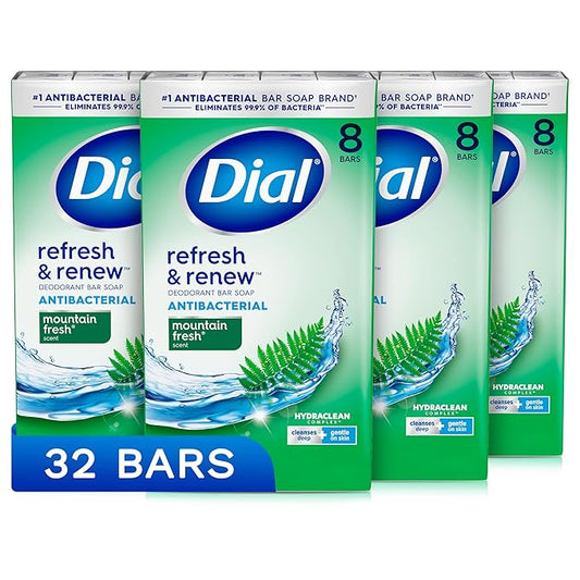Dial Antibacterial Bar Soap, Refresh & Renew, Mountain Fresh, 4 oz, 32 Bars