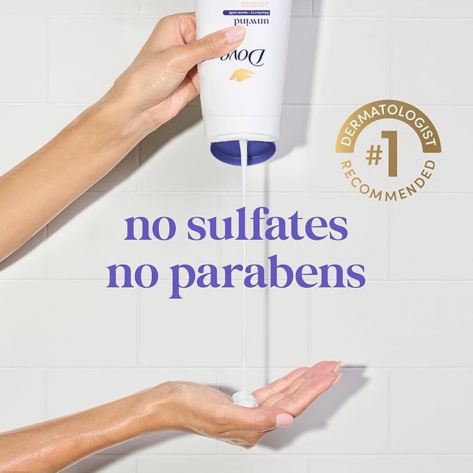 Dove Body Wash 3 Count Unwind Blueberry & Moon Milk For 24hr Lotion-Soft Skin Moisturizing Skin Cleanser with No Sulfates No Parabens