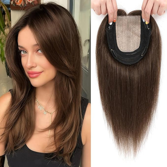 Hair Toppers for Women Real Human Hair, 360° 3D Toppers Pieces for Women with Thinning Crown Side Bangs 14 Inch Upgrade Big Basement (Medium Brown, 14 Inch Side Bangs)
