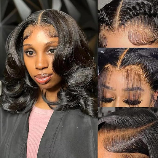 Bob Wig Human Hair 13x6 HD Lace Front Wigs Pre Plucked 200% Density Body Wave Wig Human Hair Wigs for Black Women Natural Black 14 inch