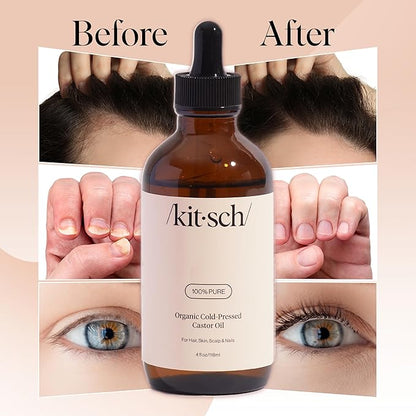 Kitsch Organic Castor Oil For Hair Growth, Castor Oil Organic Cold Pressed Unrefined Glass Bottle, 100% Pure, For Face, Skin, Lashes, Brows, Scalp, Nails & Belly Button, Hexane Free, USDA - 4oz