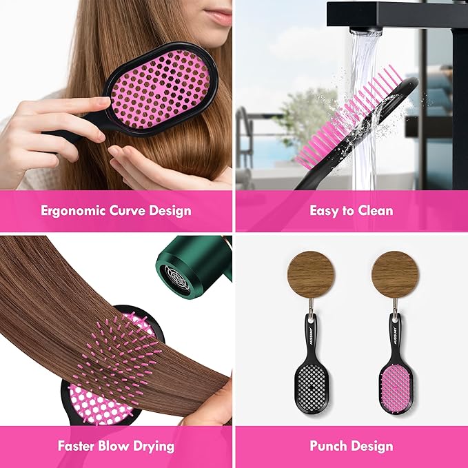 Vented Detangling Hair Brush - 2 Pack Detangler Hairbrush for Effortless Tangle Removal - Ultra-Soft Bristles -For Natural Curly Straight Wet Dry Damaged Hair for Women Men Kids - Black & Pink