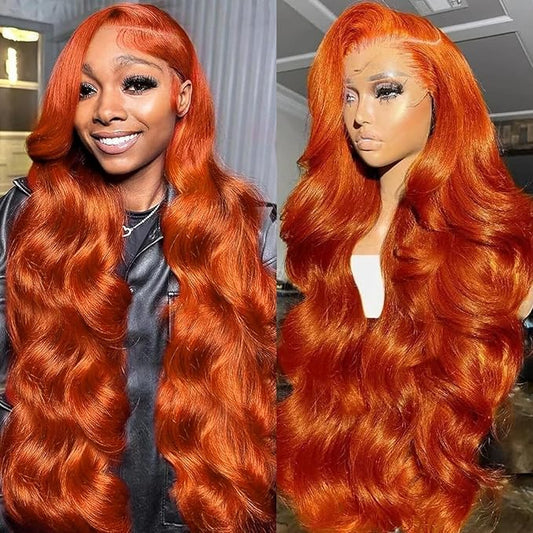 13x6 Ginger Orange Full Lace Front Wigs Human Hair Pre Plucked 200% Density Body Wave 13x6 HD Transparent Lace Frontal Wig Glueless 88J Colored Bralizian Virgin Human Hair Wigs for Women 32 inch