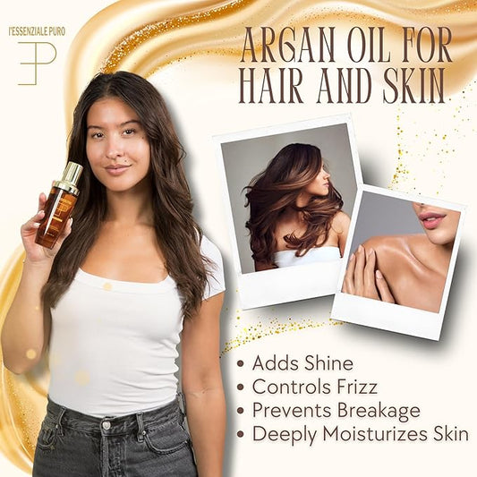 L'Essenziale Puro Moroccan Argan Oil - Argan Oil For Hair - Hydrating Moroccan Hair Oil and Body Oil For Women and Men - Adds Shine, Controls Frizz - Luxury Beauty Elixir From Dubai (100ml/3.38 Fl Oz)