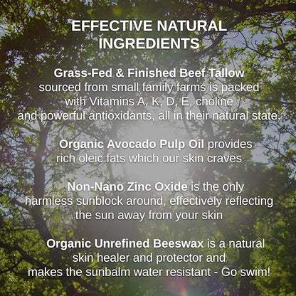 Zinc & Avocado Mineral SunBalm 30SPF, The Only Real Primal Sun Lotion, 100% Grass Fed Tallow, Avocado Oil and Non-Nano Zinc Oxide, Pregnancy and Nursing safe (4 Oz - Not Tinted)