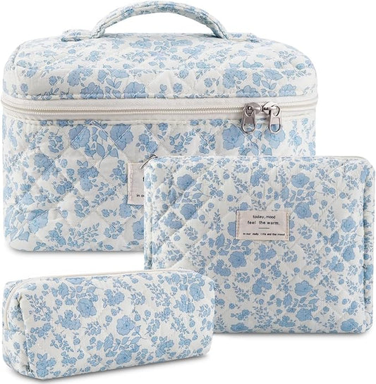 Makeup Bag, 3 Pcs Cotton Floral Quilted Makeup Bag Set, Large Toiletry Travel Cosmetic Bag for Women