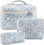 Makeup Bag, 3 Pcs Cotton Floral Quilted Makeup Bag Set, Large Toiletry Travel Cosmetic Bag for Women