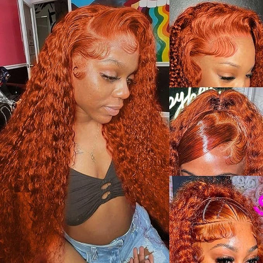 Ginger Lace Front Wigs Human Hair 13x6 Deep Wave Hd Lace Front Wig for Women 180% Density Glueless Orange Colored Curly Lace Frontal Wig Human Hair Pre Plucked Bleached Knots With Baby Hair 20 Inch