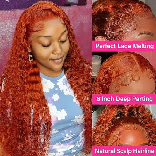 34 Inch 13x6 Lace Front Wig Human Hair Curly Ginger Hd Lace Front Wig Human Hair for Women 180% Density Orange Brazilian Deep Wave Lace Frontal Human Hair Wig Bleached Knots Pre Plucked with Baby Hair
